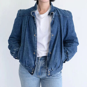 Vintage Denim Trucker Jacket Red Black Checker Flannel Lined Button Up Jacket  L